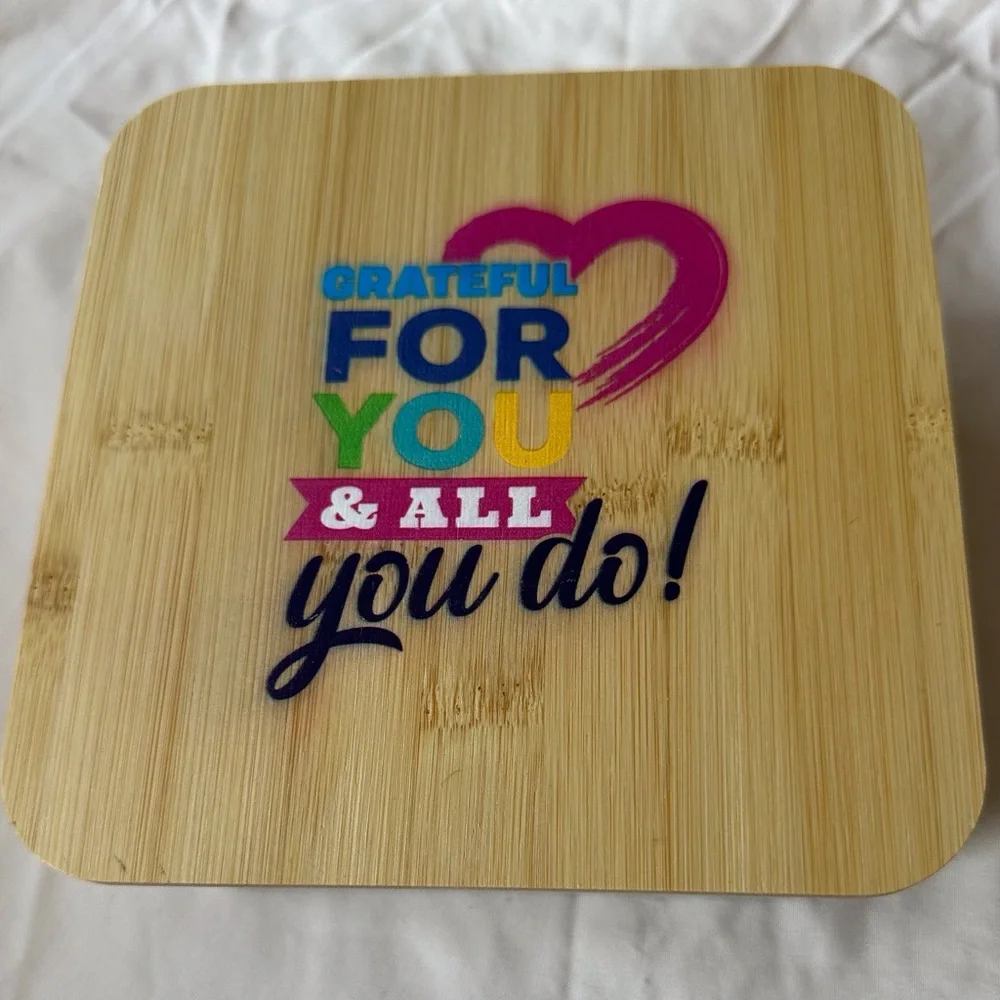 Food container with‎ wood lid, reusable utensils set and strap for closure